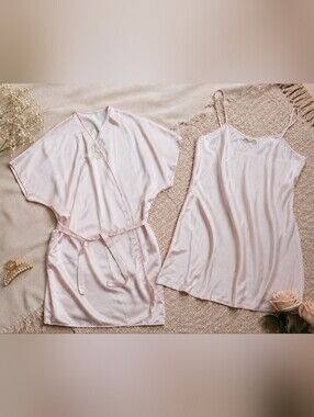Vintage French Maid Blush Pink Satin Negligee Set Robe + Slip Romantic Lingerie